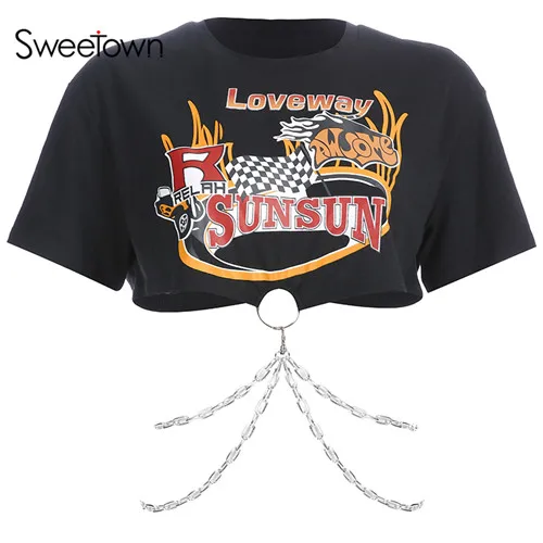 black Sweetown Moto& Biker панк футболка женская с металлической цепочкой в стиле пэчворк Повседневная негабаритная футболка с коротким рукавом шикарная футболка с графическим принтом - Цвет: black