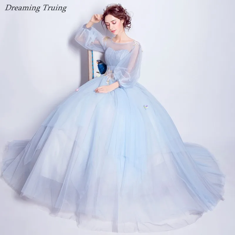 

Real Images Ball Gown Light Blue Quinceaneras Dress 3/4 Sleeve Embroidery Vestidos De 15 Anos Shiny Party Girl Sweet 16 Dresses
