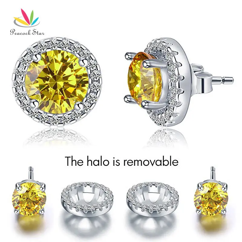 

Peacock Star 2.5 Carat Round Fancy Yellow Halo (Removable) Stud Solid 925 Sterling Silver Earrings CFE8127