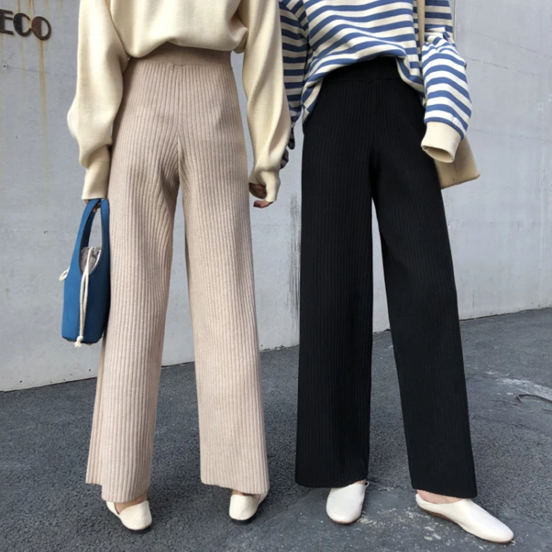

Pants Women Loose Wide Leg Trousers Korean Style Simple Winter Knitted Soft High Waist Womens Leisure Trendy Female Lovely 2019