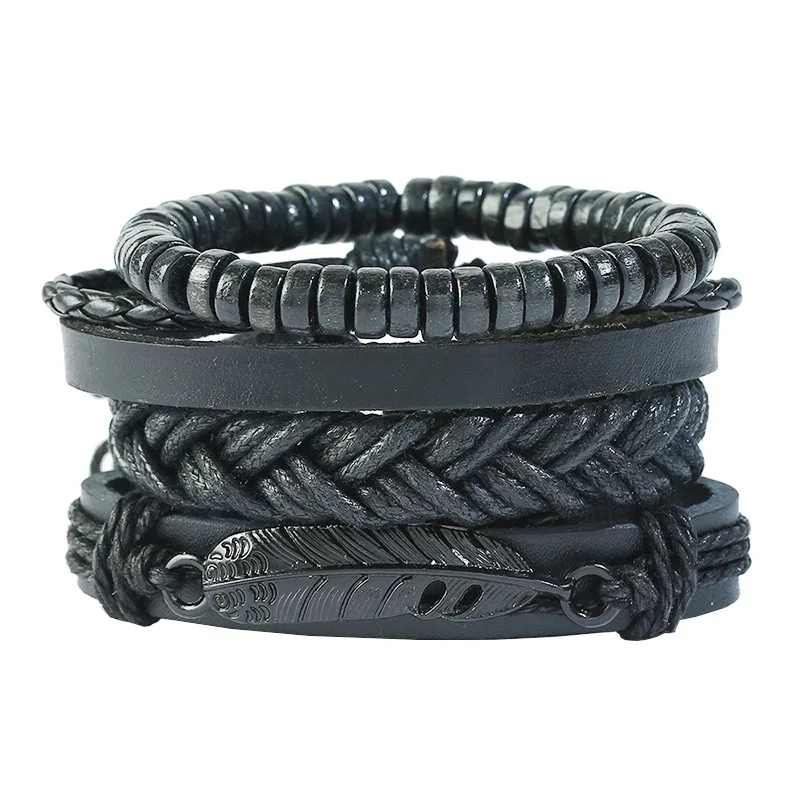

New Punk Vintage Wooden Bead Set Handmade Woven Adjustable Leather Bracelet 4 Piece Fashion Men's Jewelry Accessories