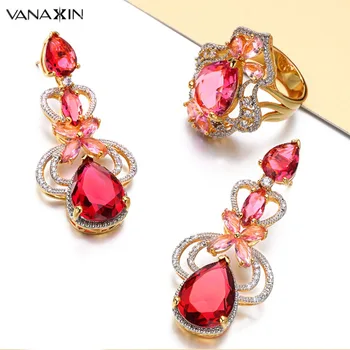 

VANAXIN Red AAA CZ Crystal High Quality Gold Color Jewelry Sets For Women With Shiny Zircon Luxury Elegant Party Jewelry Box
