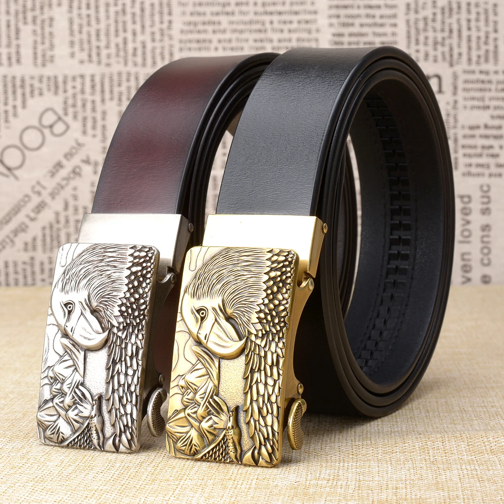 Cow Leather men belts Gold Ratchet Eagle Automatic Buckle Belt Fashion Luxury Dress Causal belts ...