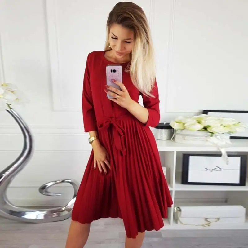 

2019 Winter Spring Dress women pleated Sashes Regular Fashion O-neck Solid Three Quarter Natural Women Dresses Vestidos Robes