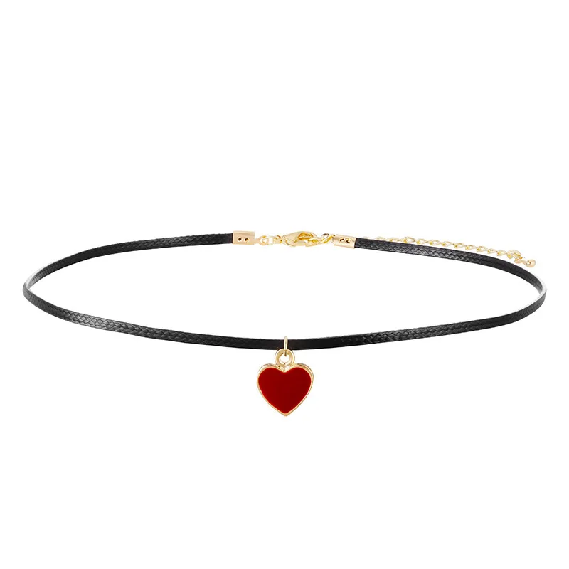 

Romantic black cord love pendant necklace simple sweet short collar chain sexy black string lingering red love choker