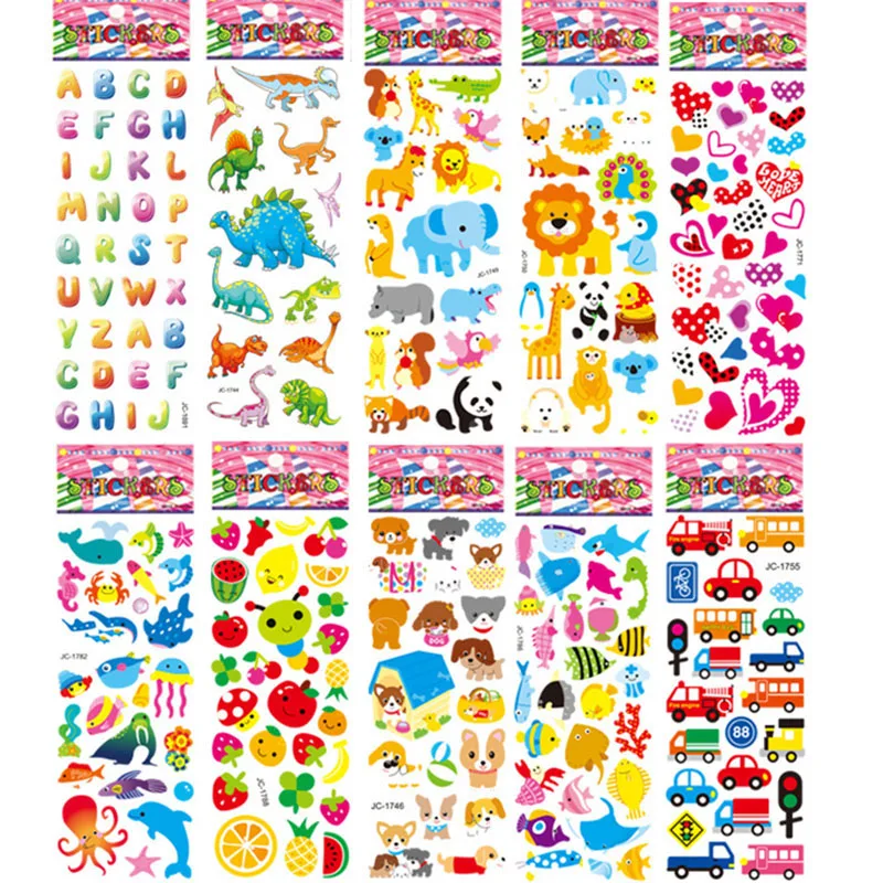

10 Sheets Different DIY 3D Cartoon Stickers Set Decorate Sticker Paper Educational Toys Gifts For Children Kids Boys Girl