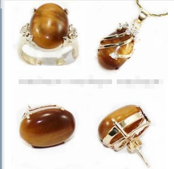 

FREE shipping>>>>>>Tiger's Eye Natural stone pendant Necklack ring earrings set, Crystal Healing