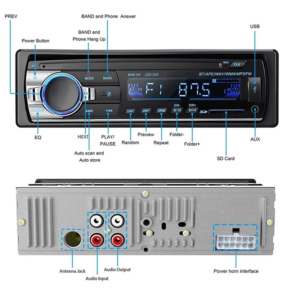 Bluetooth аудио приемник MP3 плеер FM Радио 1 Din в тире USB/SD/AUX Автомобильная электроника с пультом дистанционного управления автомобильный стерео плеер 12 В