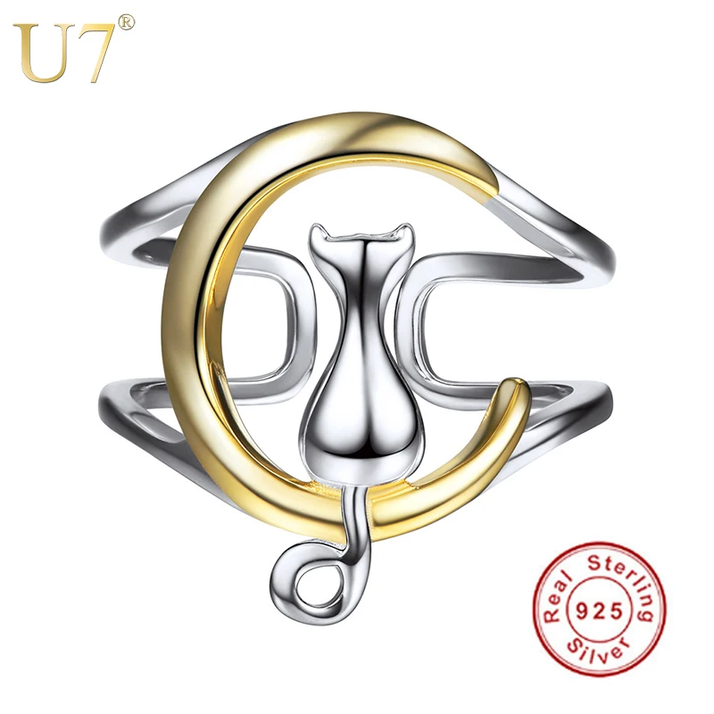 Cena U7 925 Sterling Silver Rings kot siedzi na księżyc kobiet prezent palec pierścień regulowany zwierząt kot Sterling Silver biżuteria SC08