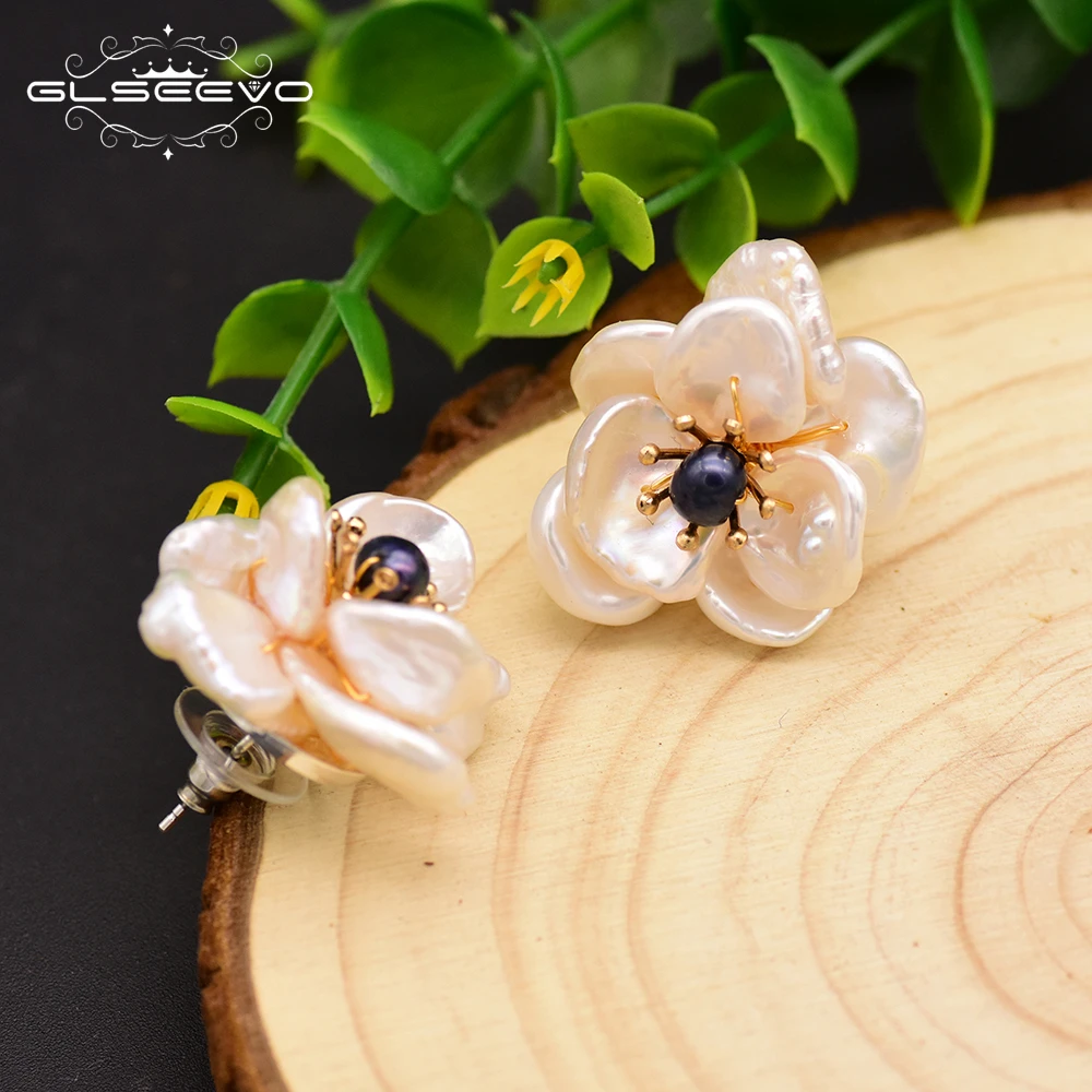 

GLSEEVO Natural Fresh Water Baroque Flower White Black Pearl Stud Earrings For Women 925 Sterling Silver Earring Jewelry GE0664