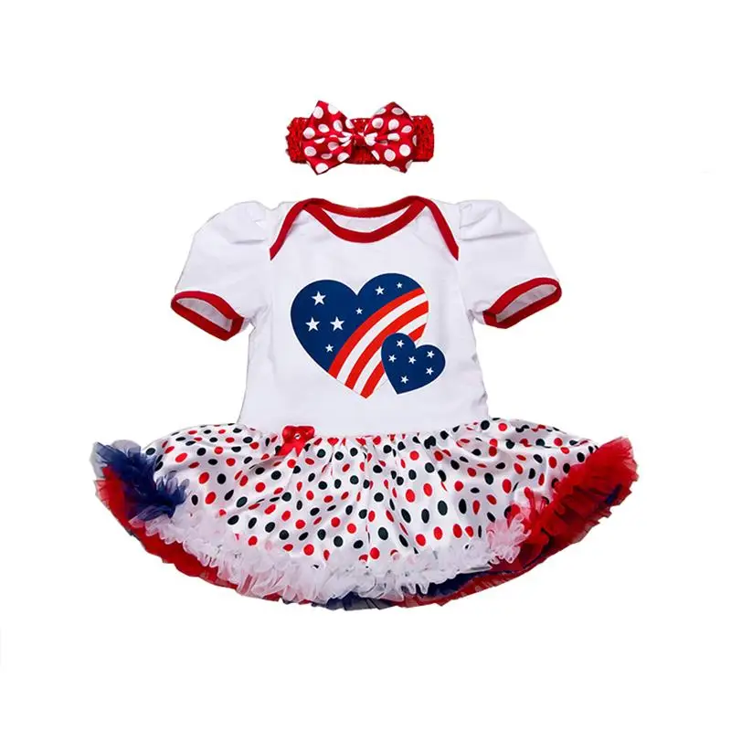 double heart red dot Патриотические Комбинезоны для маленьких девочек 4 июля, Детские платья-пачки с повязкой на голову - Цвет: double heart red dot