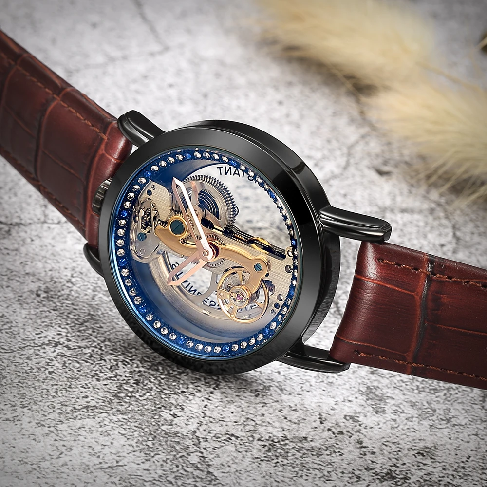 Ретро автоматические механические часы мужские креативные прозрачные скелетные самовзводные бронзовые черные коричневые кожаные мужские наручные часы