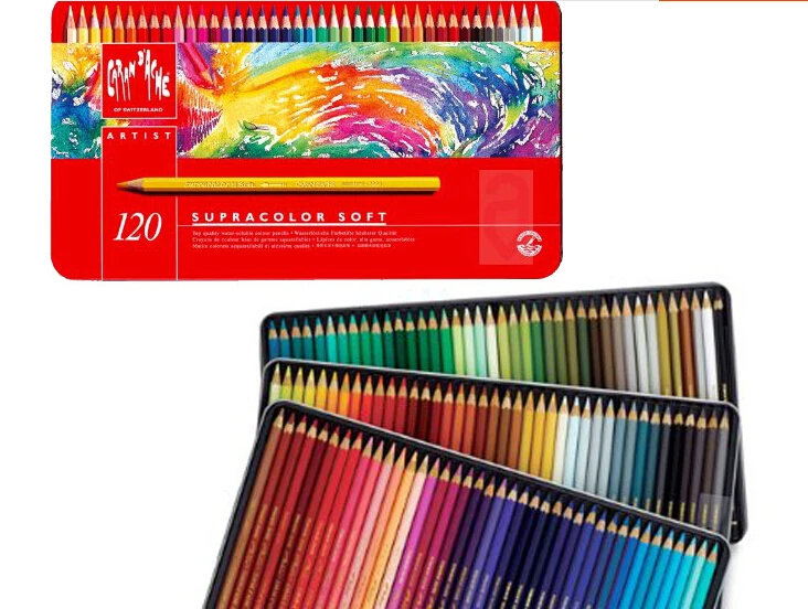 

free shipping ! lapis de cor Caran d'Ache 120 color water color pencil red metal box 3.7MM thick soft core perfect quality
