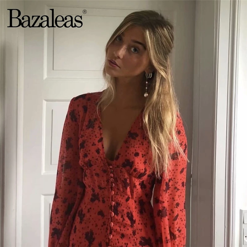 

Bazaleas Deep V Neck Red vestidos Split women Dresses Vintage Long Sleeve Center Buttons Midi Dress Fashion Summer Dress