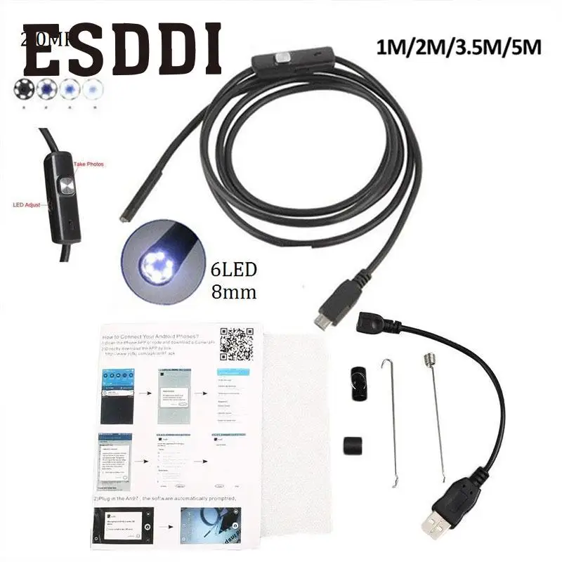 Esddi Новый 1/2/3.5/5 м 8 мм Android OTG телефон 2mp эндоскопа Водонепроницаемый светодиодных