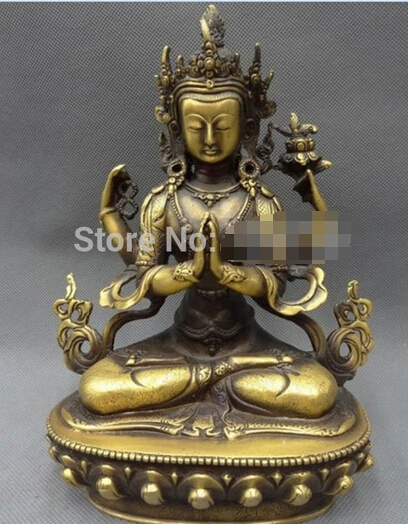 

Fast Shipping9" Tibet Bronze Buddhist Kwan-Yin Goddess Lotus 4 Arms Kwan-Yin Buddha Statue