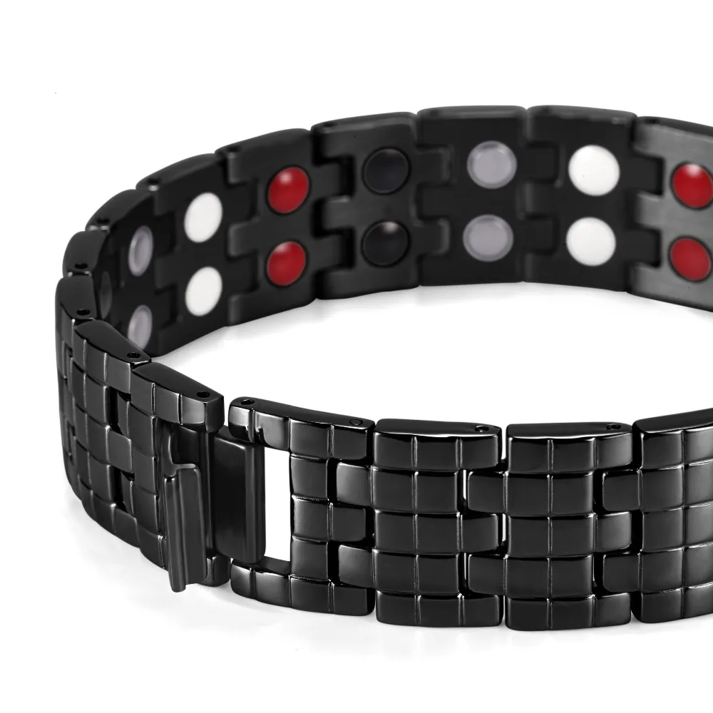 Rainso Stainless Steel Bracelet For Men Double Row 4 Elements Energy Power Magnetic Bracelet Black Polished