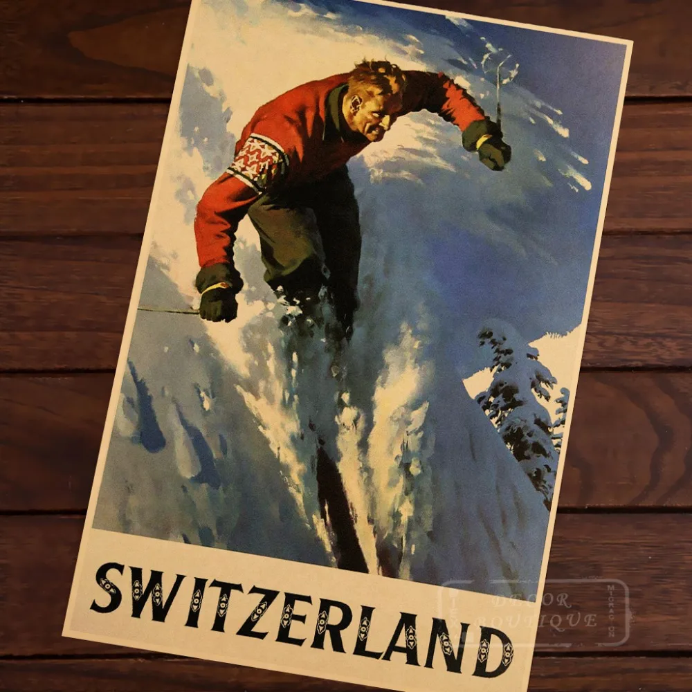 Ski in Switzerland Pop Art Classic Vintage Retro Kraft Canvas Travel Paintings Poster Maps Home Bar Posters Wall Decor Gift | Дом и сад