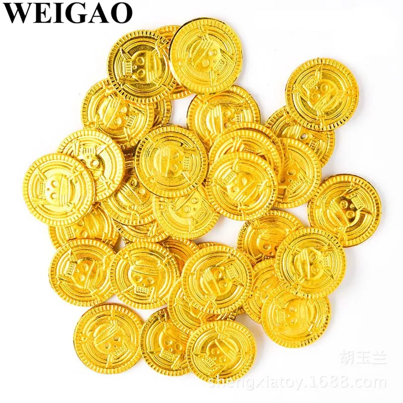

WEIGAO 50Pcs Pirate Treasure Plastic Coin Props Gold Skull Coin For Halloween Party Cosplay Props Kids Party Toys Treasure Coins