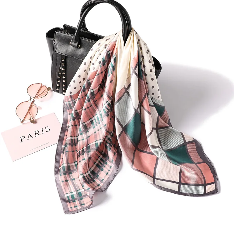 

2019 Women's Square Silk Scarf Plaid Summer Shawls Wraps Ladies Pashmina Bandana Female Hijabs Scarf Foulard Headband 70*70CM