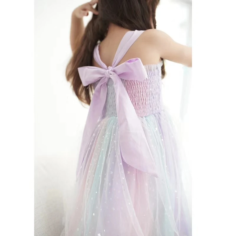 

6348 Raibow Star Sequins Bow Princess Baby Girl Dress New Summer Party Wedding Kid Dress For Girl Wholesale Baby Girl Clothes