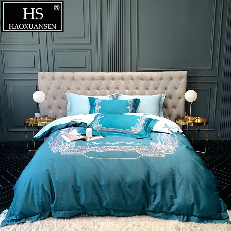 

Luxury 100% Egyptian Cotton 4pcs Bedding Set Blue Digital Printed Double Bed Cover Set 650 Thread Count Bed Set Queen King Size