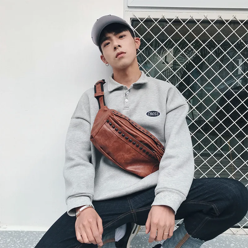 

Man Rivet Waist Bag Men Pu Leather Casual Travel Belt Bag Black Male Waist Packs Fanny Pack Hip Hop Chest Phone Pocket