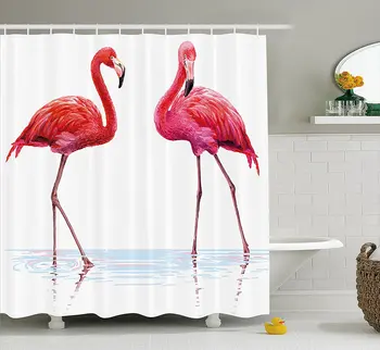 

Animal Shower Curtain Two Hand Drawn Flamingos in Pink Colors on Seaside Tropical Exotic Wildlife Artwork