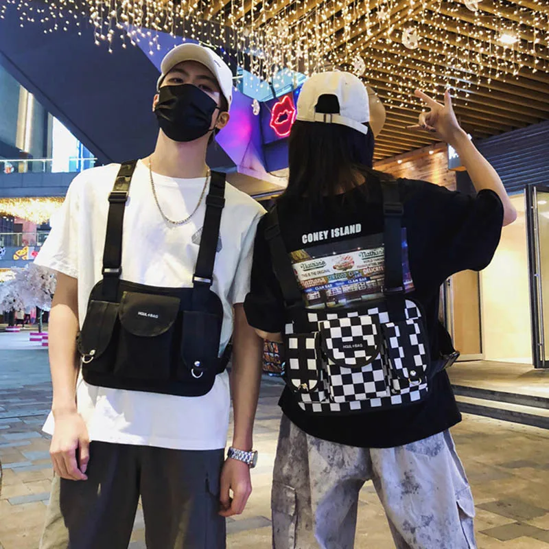 

Unisex Waist Bag Chest Pack Streetwear Hip Hop Bag Plaid Pattern Multifunction Tactical Chest Rig packs Cross Female Bum Pack