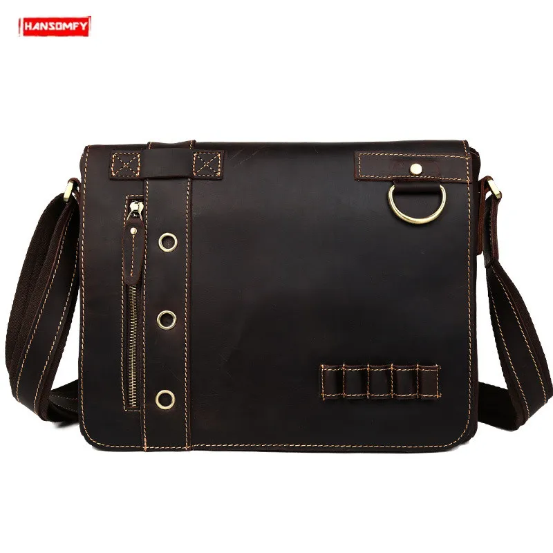 

Retro crazy horse leather men's briefcases business laptop handbags first layer leather crossbody bag male handmade shoulder bag