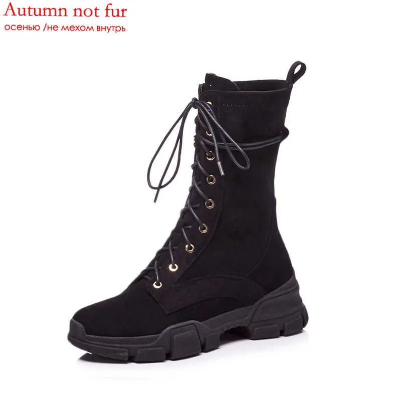 black 2 not fur Smirnova/черные модные ботинки Осень-зима женские ботинки из натуральной кожи на молнии с круглым носком классические уличные ботинки с перекрестной шнуровкой, новинка года - Цвет: black 2 not fur