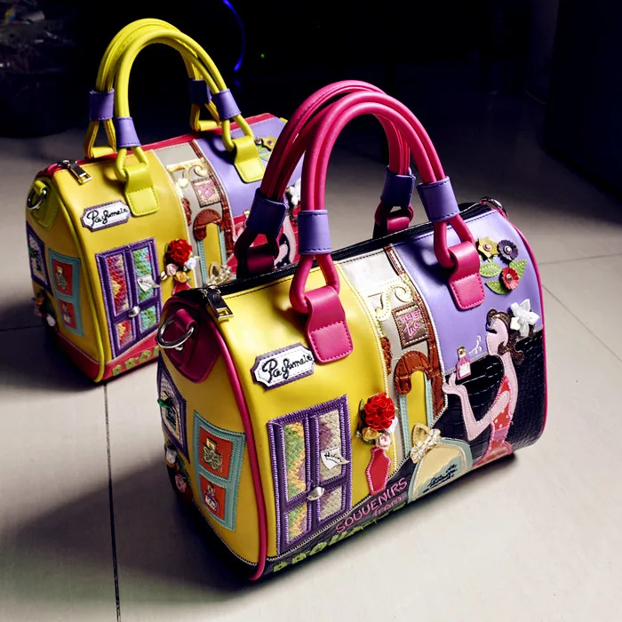 

European and American fashion handmade embroidery stitching color three-dimensional decorative large Boston Bag