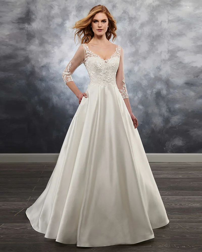 

Vestido de Noiva Three Quarter Sleeve Simple Wedding Dresses 2019 Button Back Robe de Mariee V-neck Satin Skirt Luxury Gelinlik