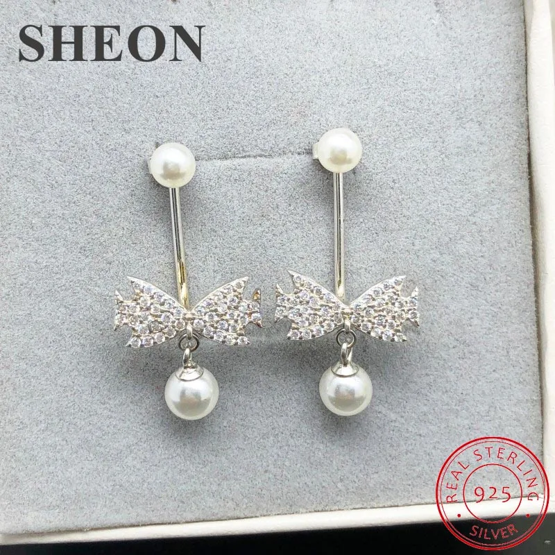 

SHEON Sparkling 925 Sterling Silver 2 Color Double Fish Pearl Stud Earrings For Women Authentic Sterling Silver Earring Jewelry