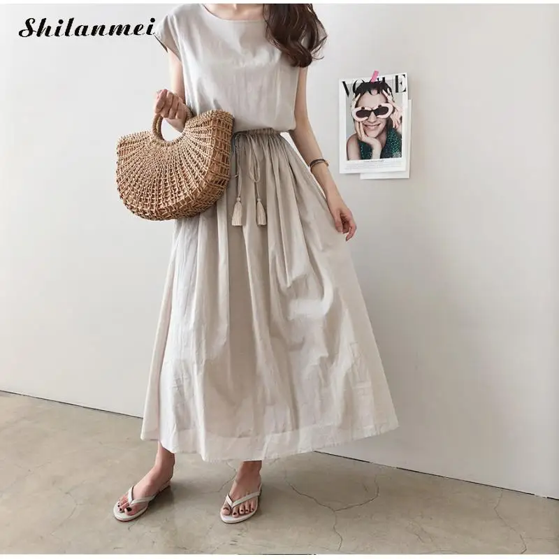 

Casual Summer Bandage Dress For Women 2019 Short Sleeve Solid Loose Maxi Dresses High Waist Vintage Cotton Long Beach Sundresses