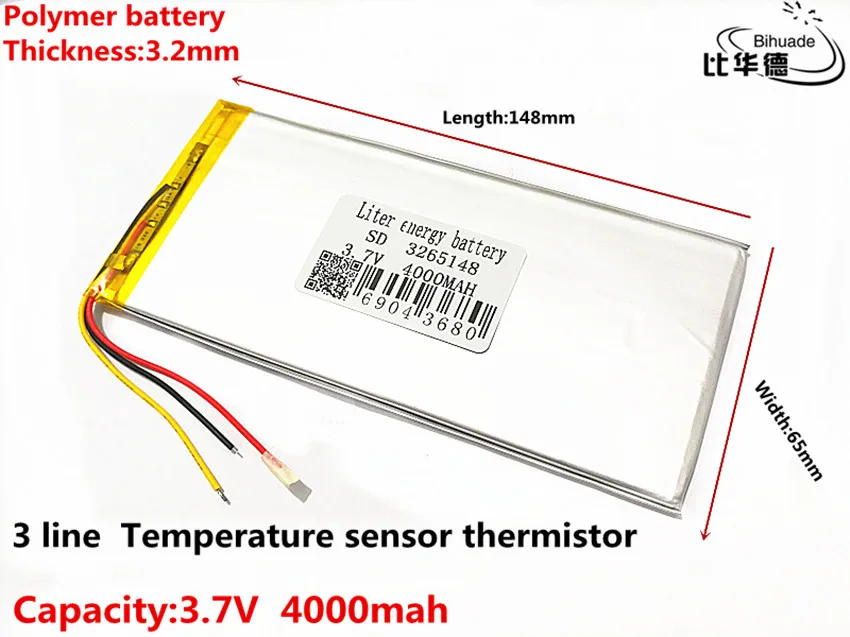 3 линии литр энергии аккумулятора 3,7 V, 4000 mAH, 3265148 полимерный литий-ионный/литий-ионная аккумуляторная батарея для игрушка, портативное зарядное устройство, gps, mp3, mp4
