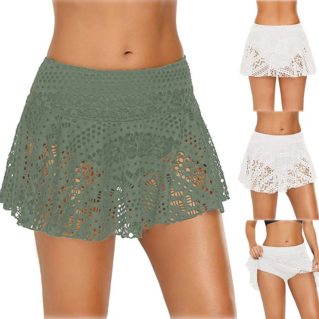 

Women's Lace Crochet Knitted Skirted Bikini Bottom Swimsuit Short Brief Swim Skirt Solid Green White One PIece Of Beach Bathng