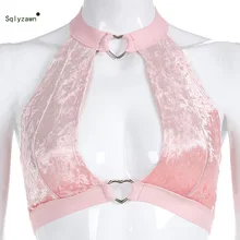 Женский розовый сексуальный топ на бретельках с металлическим сердечком, летние милые топы с вырезами, уличная одежда, милая бархатная майка на бретельках с открытой спиной