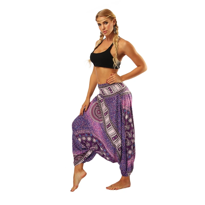 

2018 Purple Gypsophila Floral Wide Elastic Waistband Leggings Lounge Pant Bloomers Thailand Style Wide Leg Harem Pants
