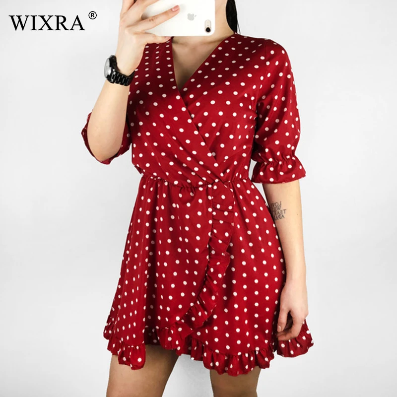

Wixra Women Dress Women Summer New Hot Solid Color Dot Ruffles Dresses Trendy Short Sleeve 2019 Short Dresses