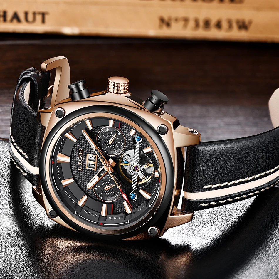 LIGE Tourbillon автоматические механические часы для мужчин Военная Униформа спортивные часы из розового золота кожа кварцевые для мужчин