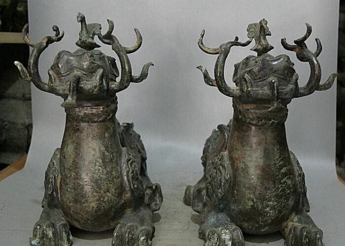 

JP S0524 20" Old Chinese Bronze Folk animal fly Beast Pi Xiu Kylin Statue sculpture Pair