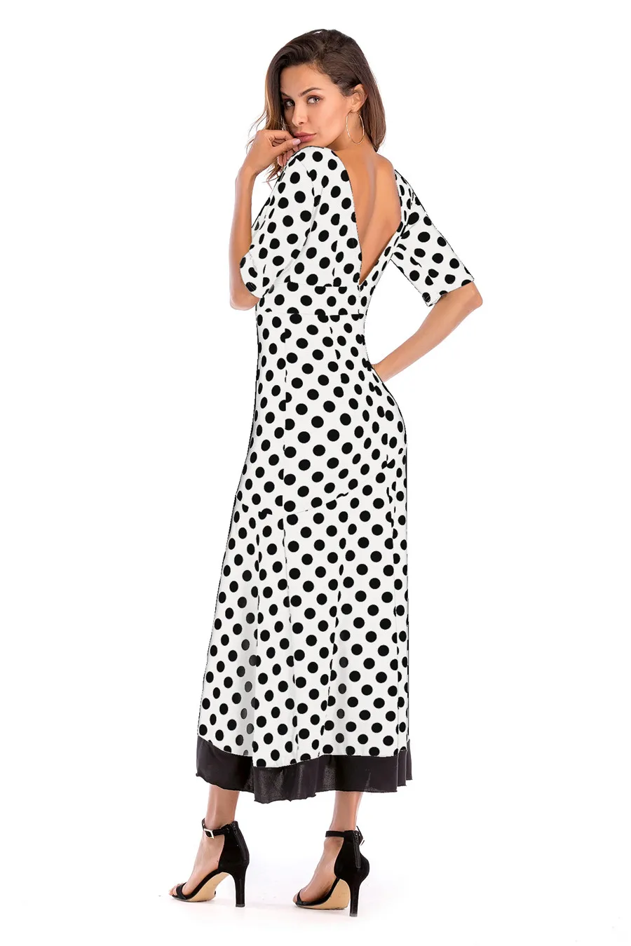 Gladiolus New Autumn Women Long Dress Half Sleeve Deep V-Neck Sexy Backless Polka Dot Ruffles Hem Maxi Dress Robe Femme Ete 2018 (18)