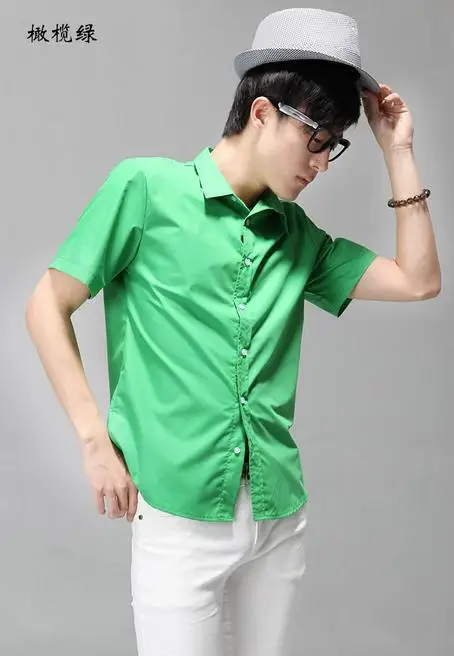 Рубашка мужская с коротким рукавом рубашка тонкая дикая Однотонная рубашка модная с коротким рукавом кардиган Мужская рубашка 112926 - Цвет: Зеленый