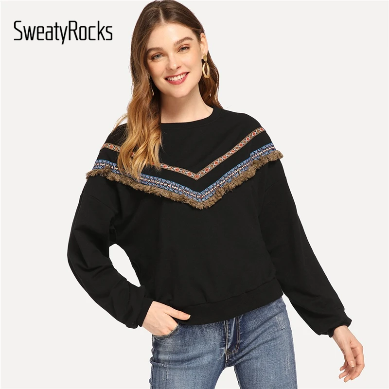  SweatyRocks Black Casual Embroidered Tape And Fringe Detail Sweatshirt Long Sleeve Pullovers Tops 2