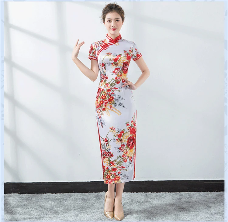 Элегантные женские атласные шарфы Qipao новые тонкие с коротким рукавом Cheong-sam платье в традиционном китайском стиле вечернее платье vestidos