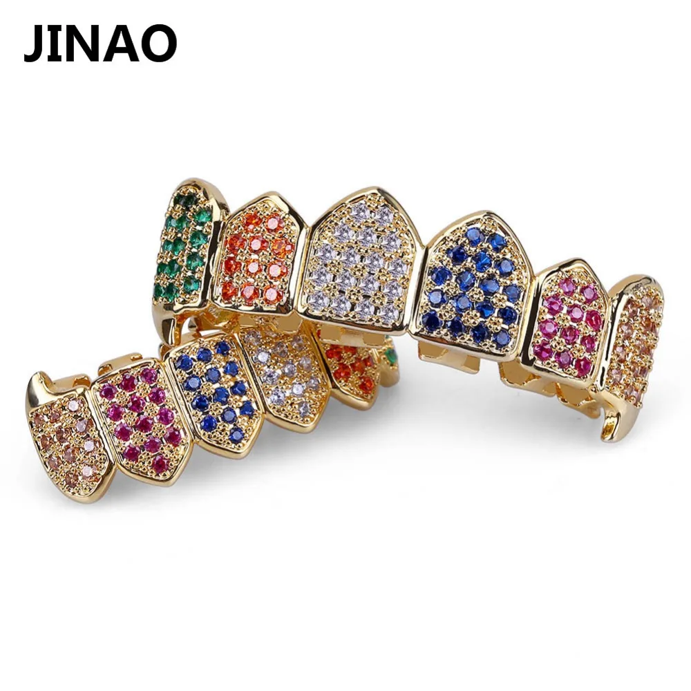 JINAO хип хоп ЗУБЫ Grillz GOLD Цвет и серебряным покрытием микро проложить Радуга CZ