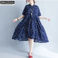 Nbhuzehua A140 4XL 5XL Для женщин Винтаж цветочный голубое платье хлопок короткий рукав линия платье больших размеров платье Vestito Donna