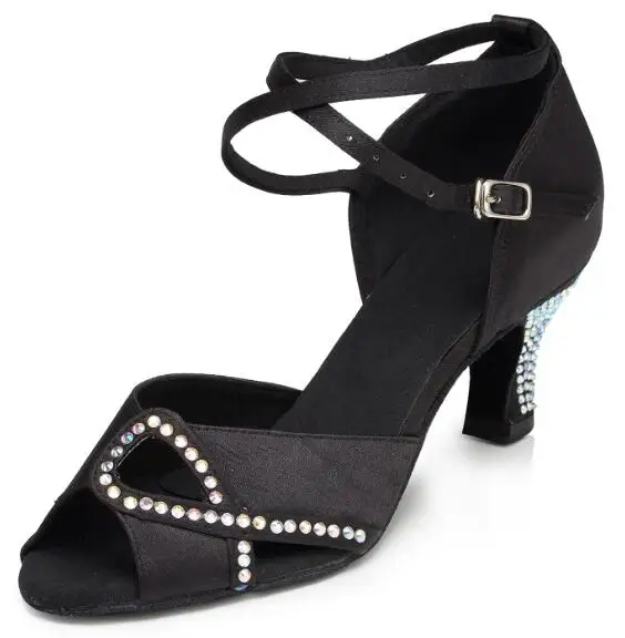 IDancing/женские черные туфли для танцев со стразами; zapatos de baile latino mujer; синие туфли для латинских танцев с закрытым носком - Цвет: black heel 5cm