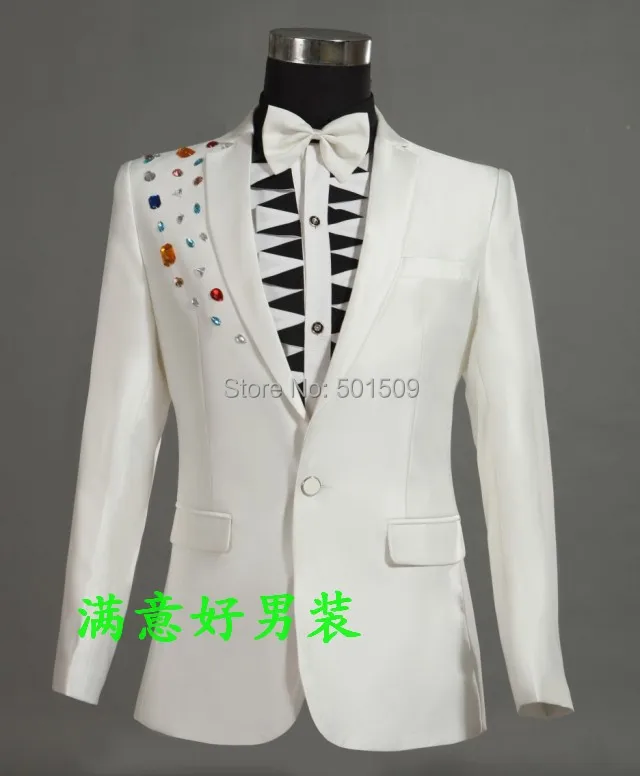Free shipping mens colorful rhinestone beading white tuxedo jacket